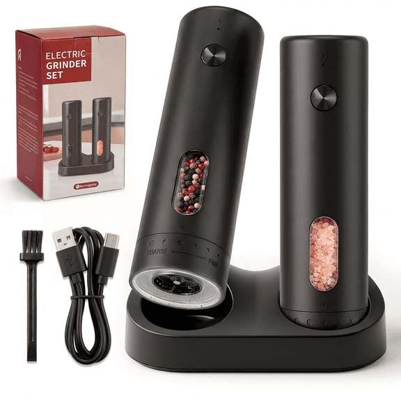 Katbite Electric Salt and Pepper Grinder Set, Usb Charging Base, Button Control, Adjustable Coarseness