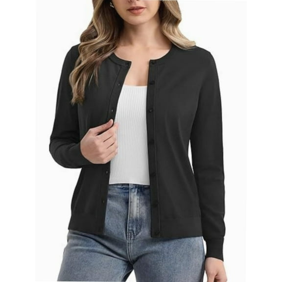 Women's Crew Neck Button Down Long Sleeve Cardigan for Women Classic Soft Ladies Cardigan Sweater Coat