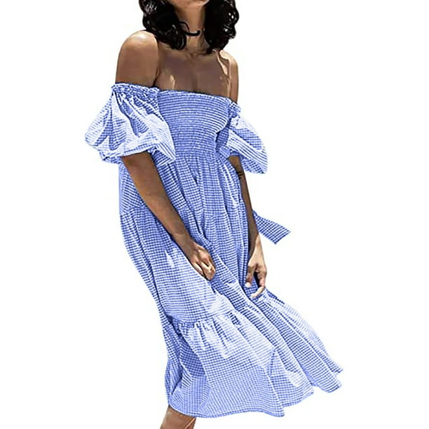 hoksml Summer Dresses Women's Dress Casual Lattice Printing Bow Fungus  Elegant One Shoulder Long Dress Clearance 