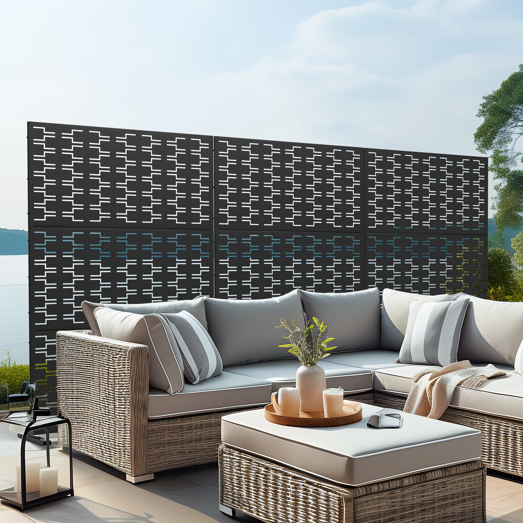 72"x47" Outdoor Privacy Screen with Stand Metal Balcony Decorative Screen,Black
