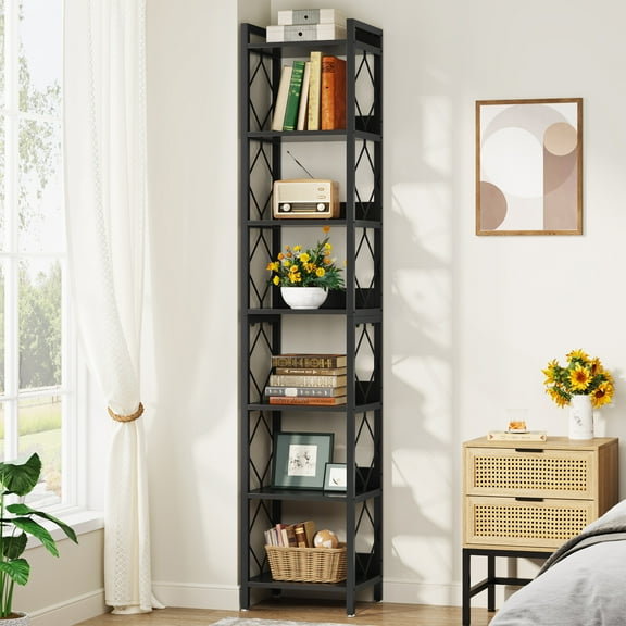 Tribesigns 78.74-Inch Extra Tall Narrow Bookshelf, 7-Tier Skinny Bookcase, Freestanding Display Shelves, Multifunctional Corner Storage Organizer Unit for Small Spaces