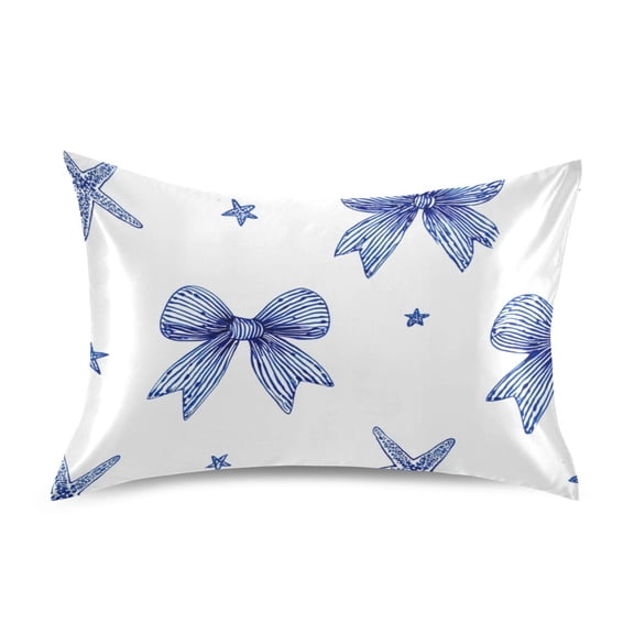 Hand Painted Blue Bows and Starfishes Satin Pillowcase Envelope Design Pillow Covers 1 Pack Standard Size 20" x 26"