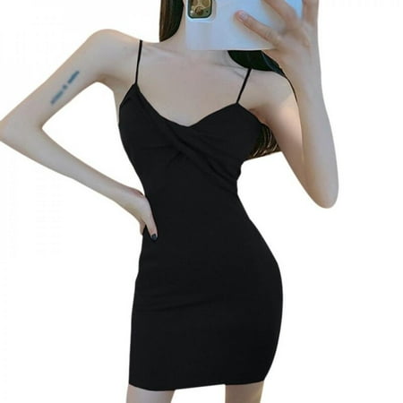 

Pretty Comy Summer Korean Style Fashion Sexy Sling Dress Slim Thin Cross Design Tight Night Clubwear Vestidos Black