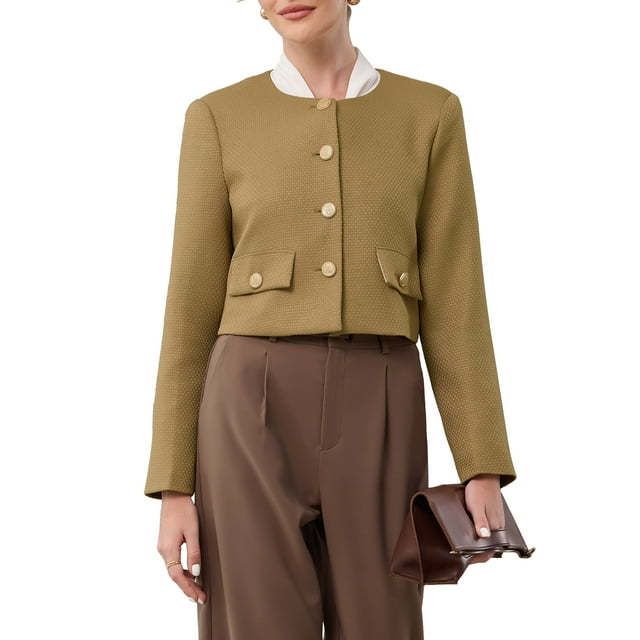 CHAQUETA CORTA DE TWEED PARA MUJERES INSPIRE CHIC, SIN CUELLO, CON BOTONES, MANGA LARGA, BLAZER CORTO DE OFICINA S COLOR MARRÓN