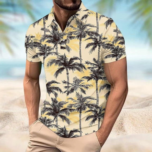 Gamivast Mens Golf Shirts Tropical Palm Leaf Print Athletic Shirts Quick Dry Turn Down Collar Short Sleeve Shirts Slim Fit Tennis Summer Casual