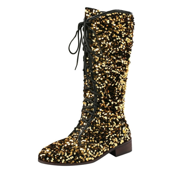 Xiaoxatg Women's Mid-Calf Boots Fashion Sequin Decorative Retro Lace-Up Comfortable Thick Heeled Shoes for Everyday Wear 9 Gold
