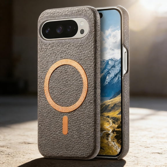 Magnetic Case for Google Pixel 9A with Built-in Magnetic Ring, Wireless Charging PU Leather Hard PC Bumper Slim Shockproof Protective Cover for Google Pixel 9A, Gray