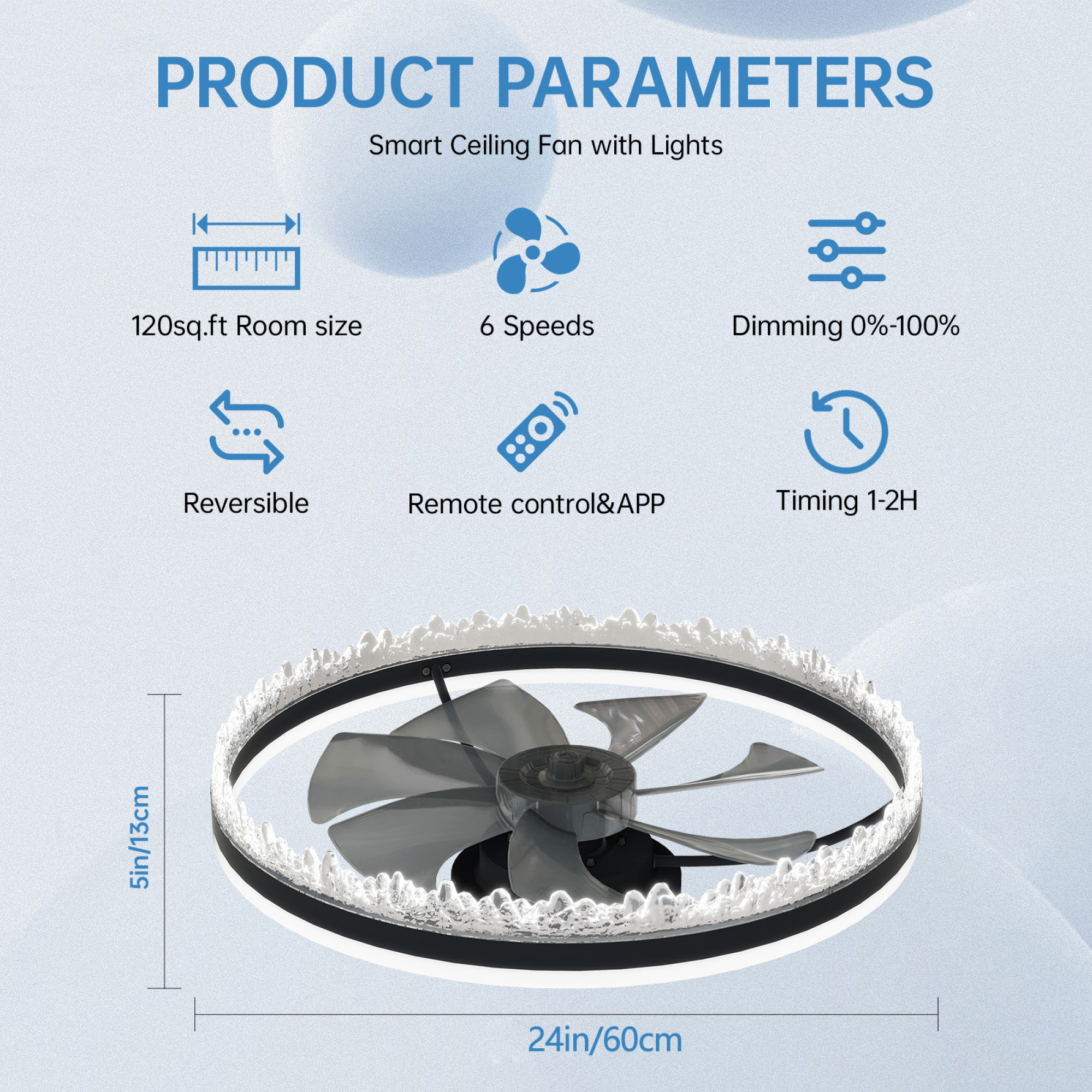 Leumius Modern LED Ceiling Fan with Light, 24In Dimmable Ceiling Light with Invisible Blades and Crystal Design, Remote Control & Adjustable Color Temperature for Bedroom, Living Room,Black