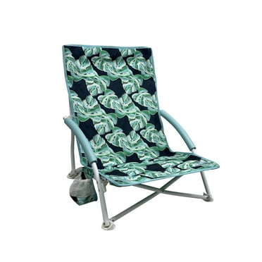 Mainstays Folding Low Seat Soft Arm Beach Bag Fabric Chair with Carry Bag, Green Palm