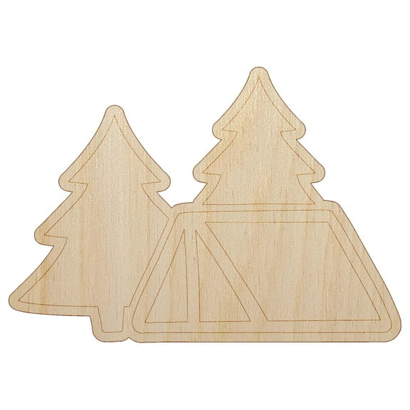 Camping Tent in the Woods Pine Trees Wood Shape Unfinished Piece Cutout Craft DIY Projects - 4.70 Inch Size - 1/8 Inch Thick