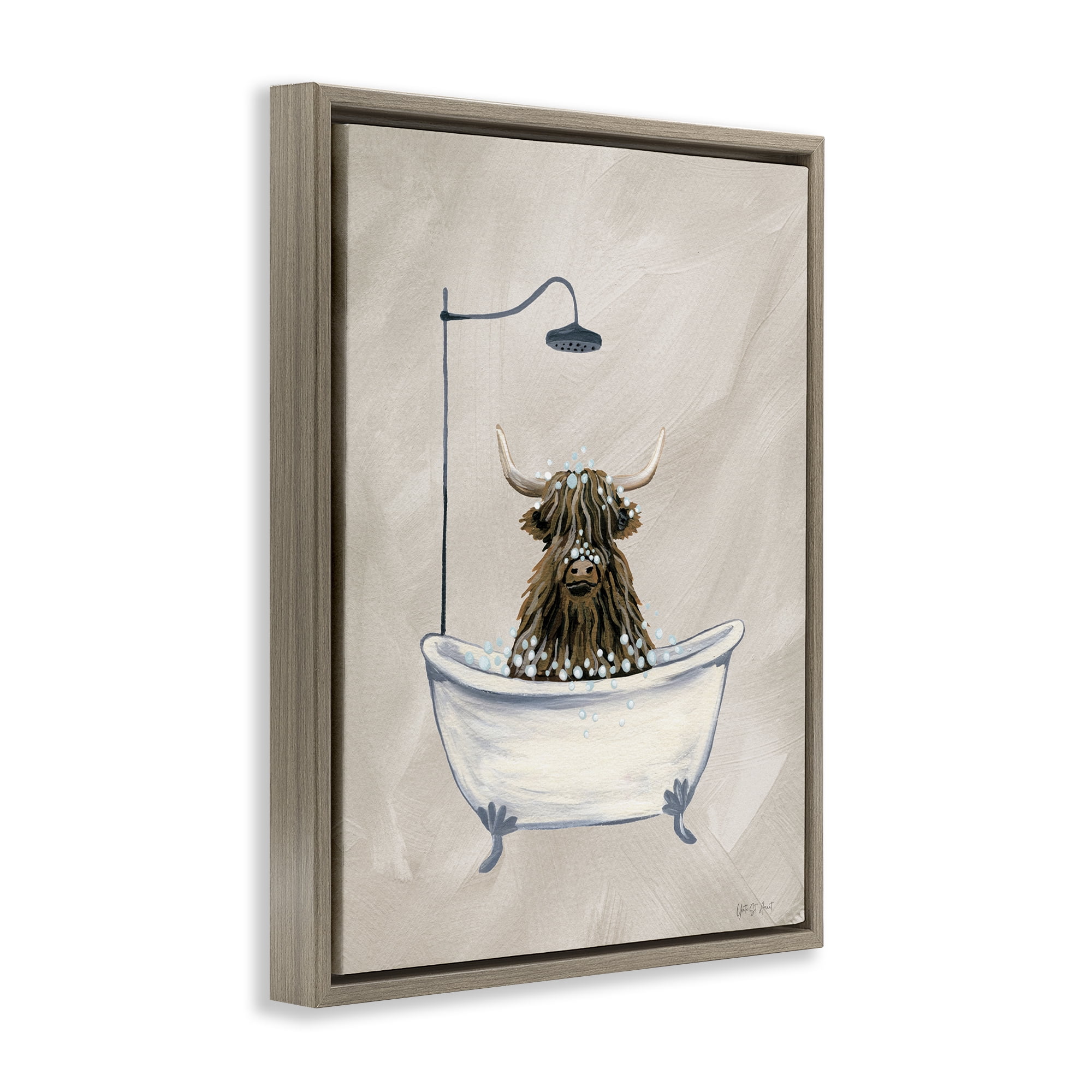 Stupell Industries Highland Cow Bubble Bath Typography Painting Brown Floater Framed Canvas Art Print Wall Art, 25 x 31