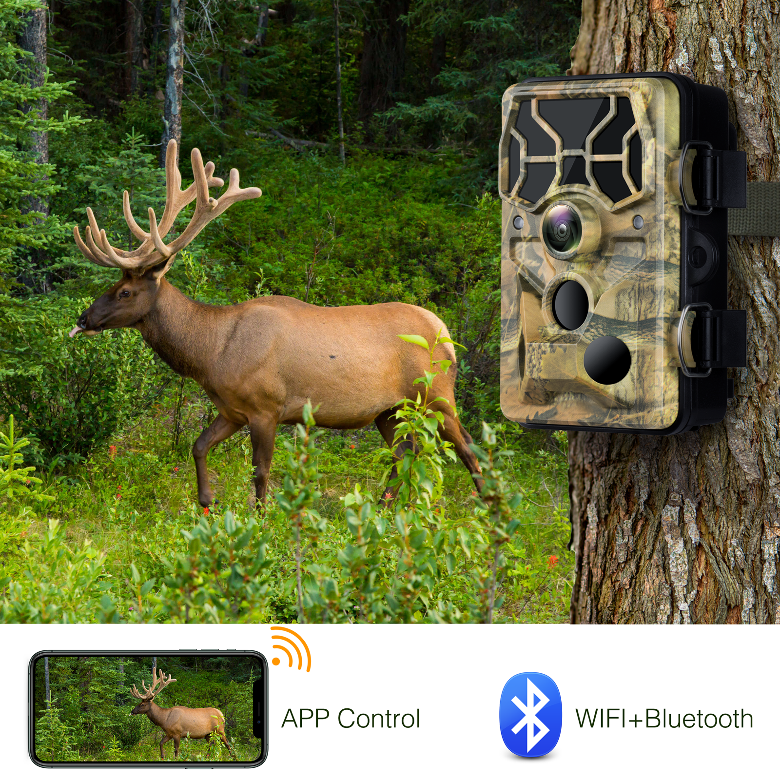 CAMPARK WiFi Bluetooth Trail Camera 20MP 1296P Deer Hunting Game Camera 65FT Infrared Night Vision Waterproof IP66 Outdoor Wildlife Trail Cam
