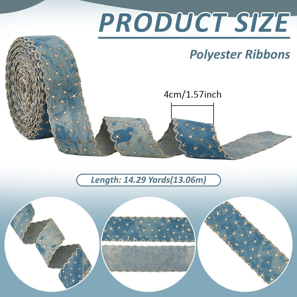14 Yards Marine Blue Denim Trim Fabric Blue Jean Wired Edge Ribbon Gold Foil Star Denim Ribbon