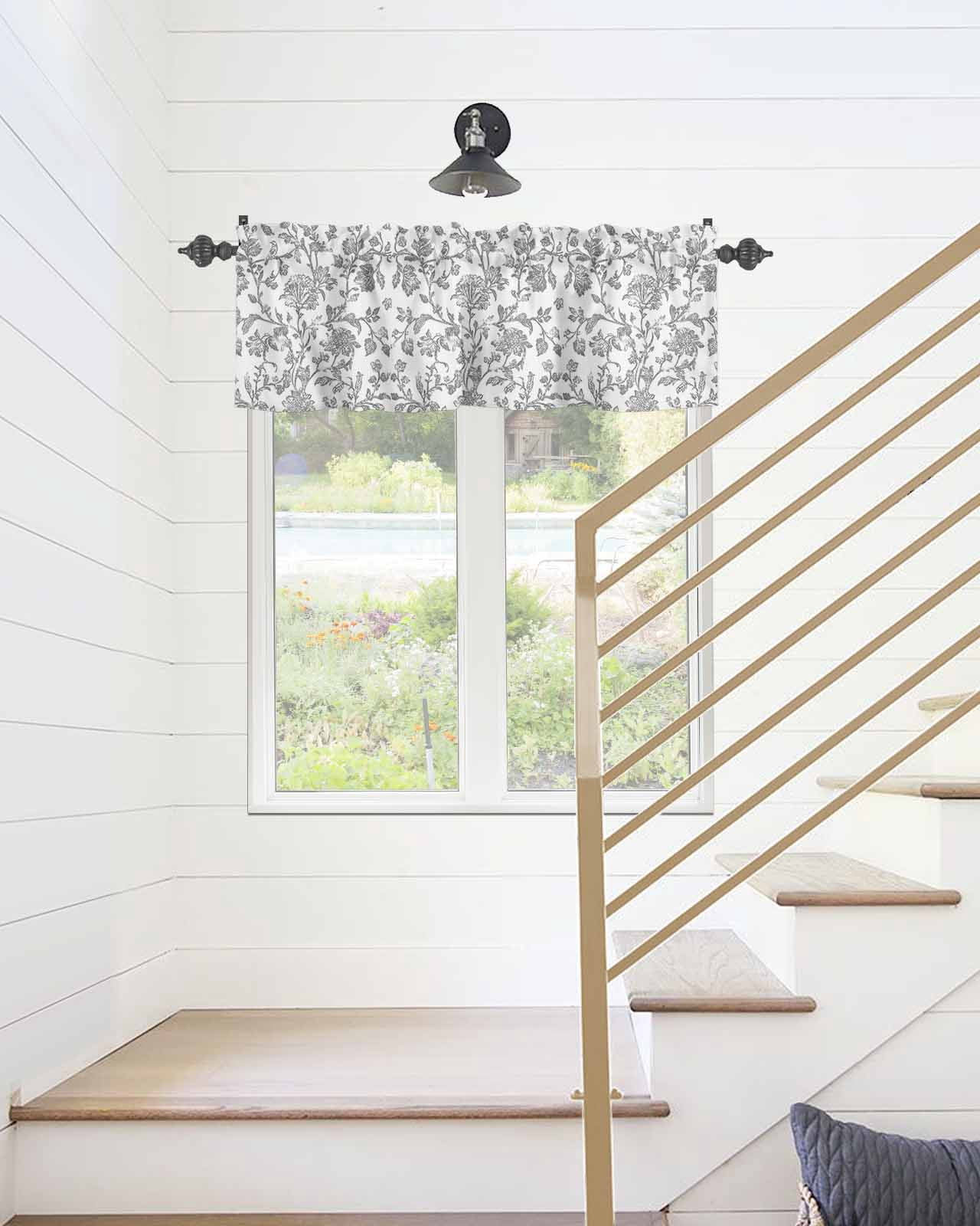Retro Light Grey Farmhouse Floral Curtain Valances for Kitchen Windows,Rod Pocket Short Valance Pastoral Flowers Window Treatment for Living Room Bathroom Bedroom,42" x 18"-1 Panel