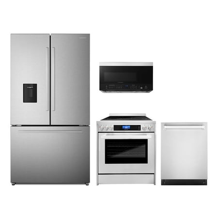 4 Piece Kitchen Package with 30  Over the Range Microwave 30  Freestanding Electric Range 24  Built-in Fully Integrated Dishwasher & French Door Refrigerator