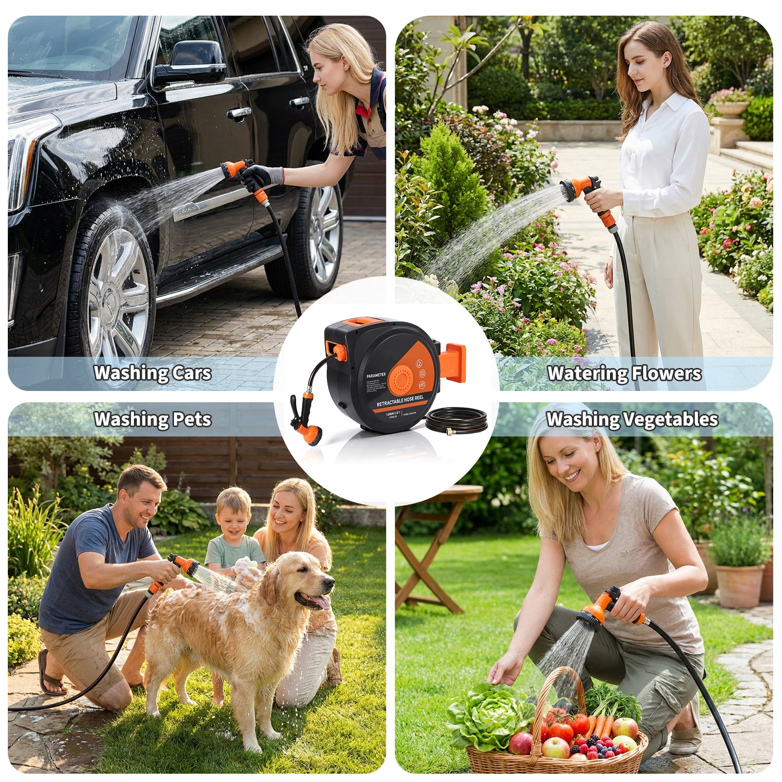 100 Ft X1/2 in Retractable Garden Hose Reel - Wall Mounted Heavy Duty Hose with 10-Pattern Spray Nozzle, Slow Retraction & 180° Swivel Bracket, UV Resistant 3-Layer Protection