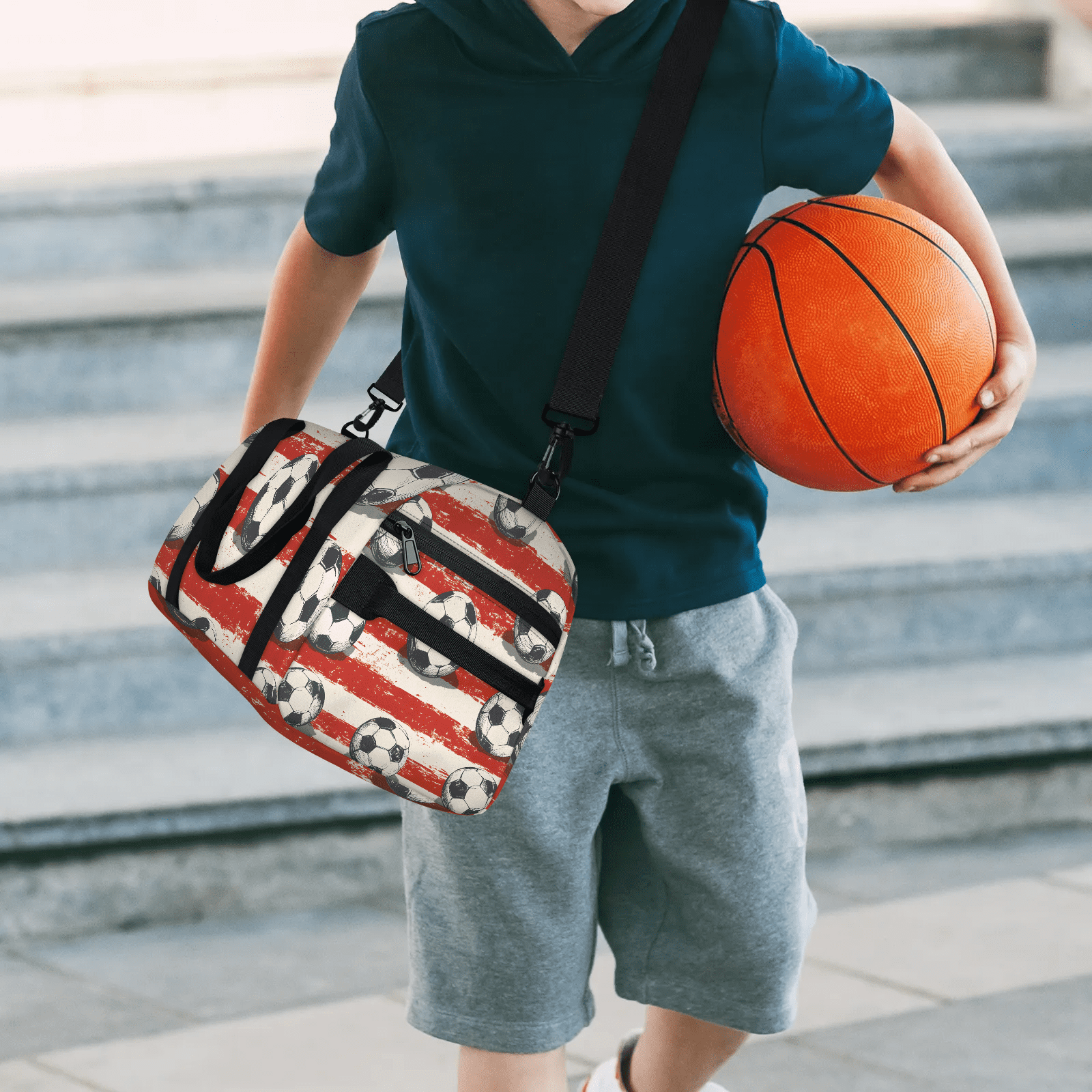 Travel Duffel Bag for Sports Gear, Weekender Carry-On Bag with Shoe Compartment, 17.72x9.06x8.46 Inches, Soccer Ball Print
