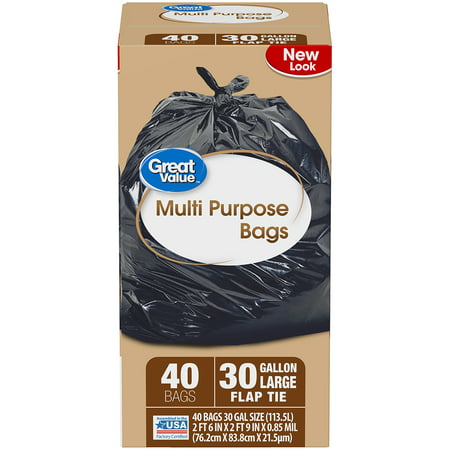 Great Value Large Multi Purpose Flap Tie Trash Bags, 30 Gallon, 40
