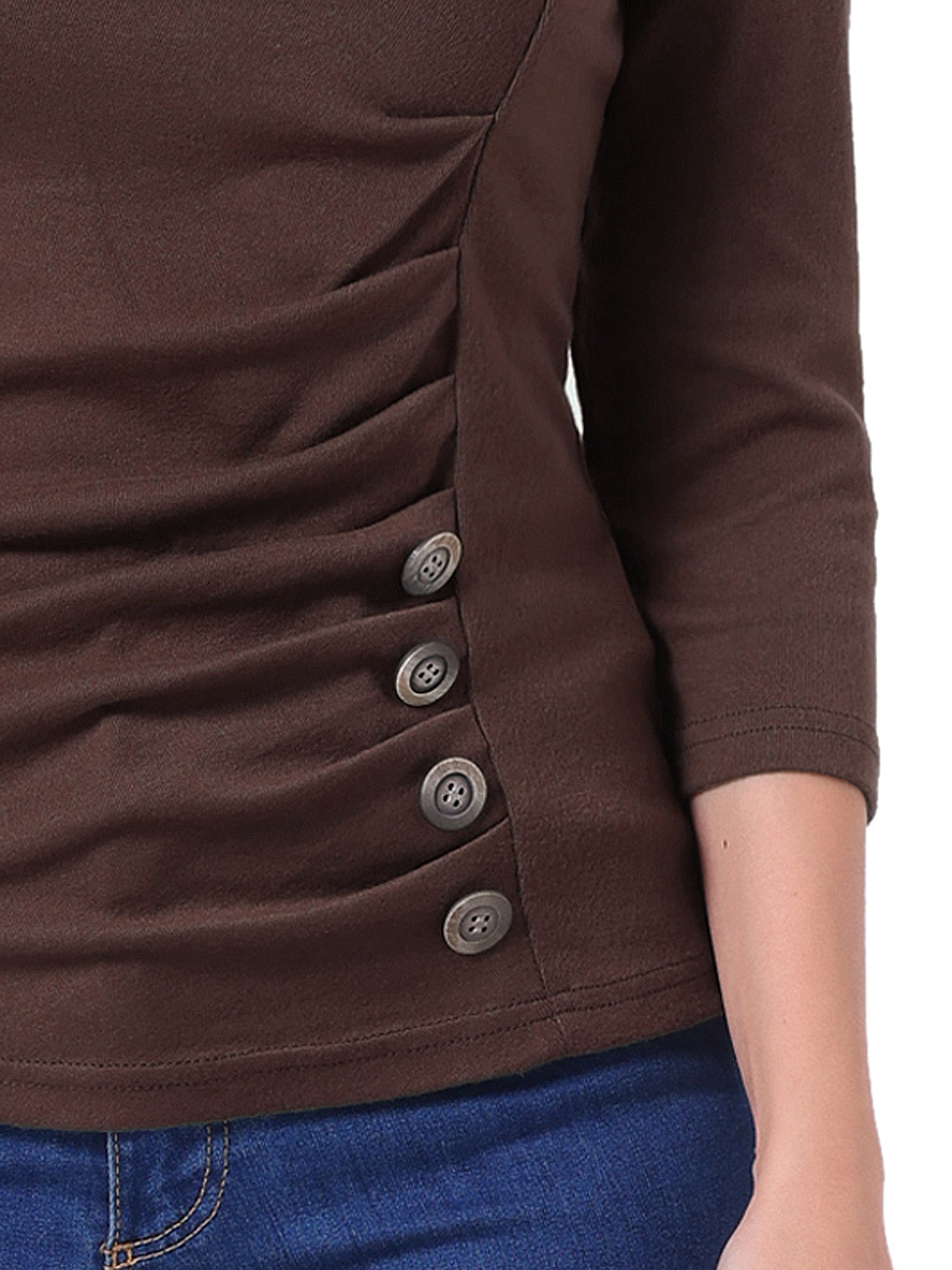 DARING DIVA V Neck 3/4 Sleeve Ruched Blouses Tops M Coffee Brown