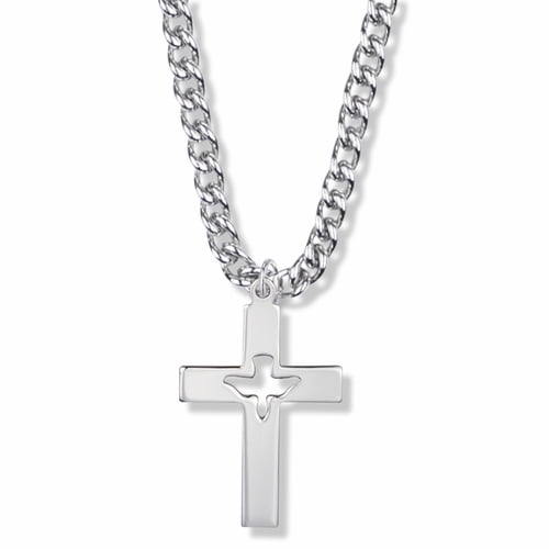 Singer Men's 1-3/8 Inch Sterling Silver Pierced and Centered Dove Cross Necklace with Stainless Steel Rhodium Plated 24" Chain, Style Dove, Cross