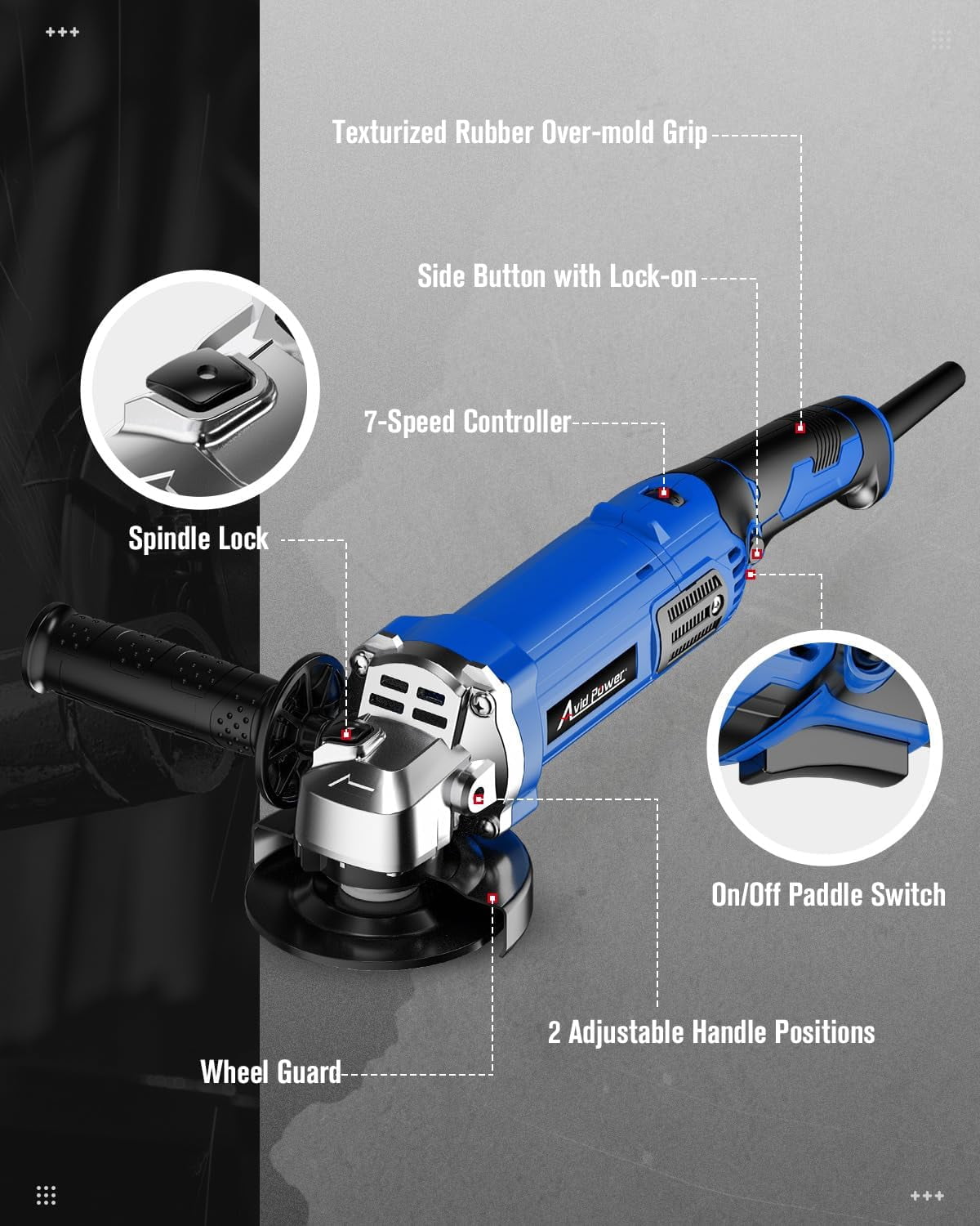 Angle Grinder 4-1/2 Inch 8.0 Amp 1000W Electric Grinder Tool 7-Variable-Speed Metal Grinder, 11,500 RPM, Paddle Switch with Lock-on Button, Cutting & Grinding Wheels and Side Handle - Red