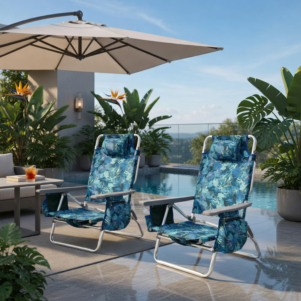 Hommoo 4-Pack Adjustable 5-Position Folding Beach Chair Set with Pillow, Aluminum Frame, Navy