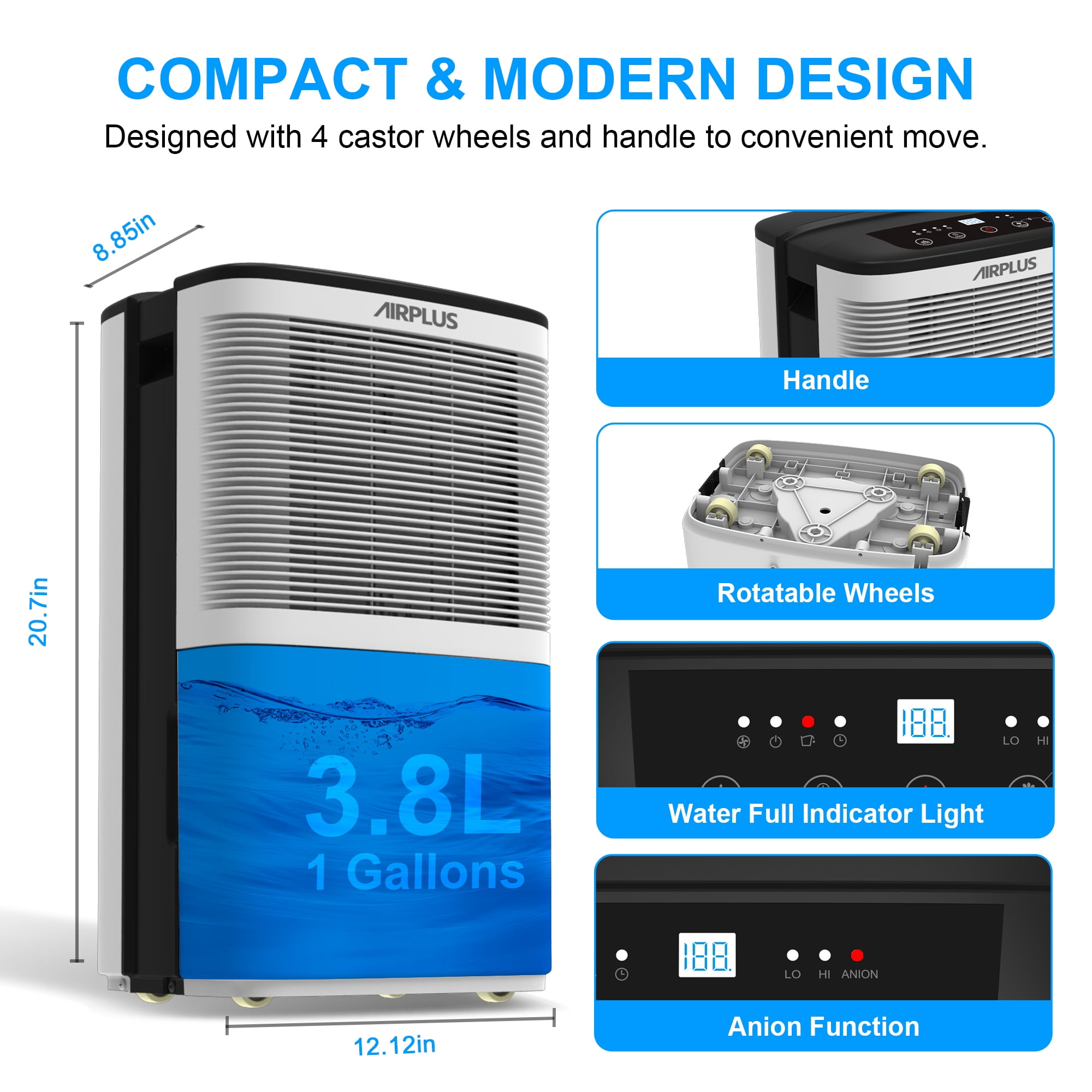 AIRPLUS 50 Pint Dehumidifier for Basements up to 3500 Sq. Ft, Dehumidifier with Drain Hose, 24Hr Timer, Auto Drainage, DOE 9.69 Pint, White