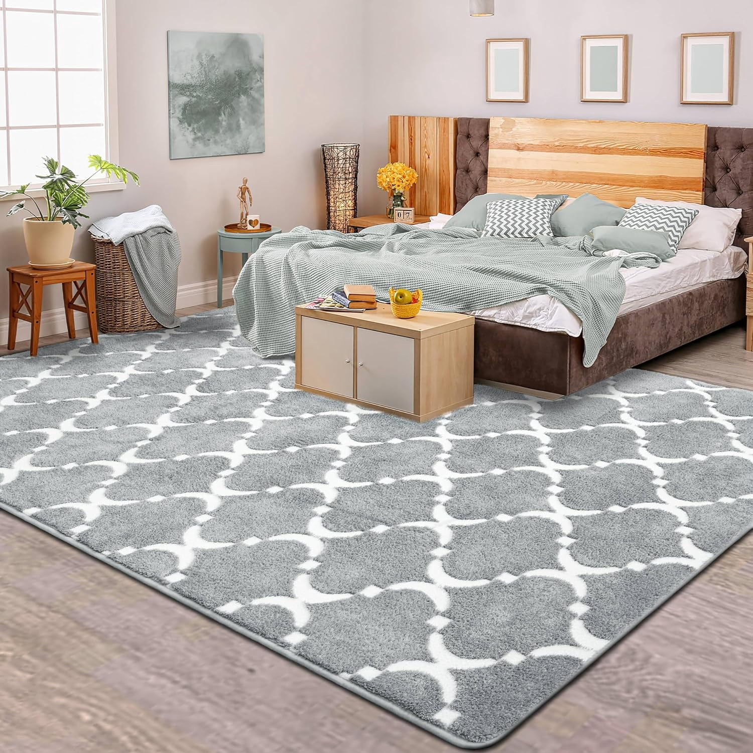TWINNIS 7'x10' Area Rug Geometric Non Slip Fluffy Carpet,Soft Plush Polyester Rug for Living Room Bedroom,Gray White