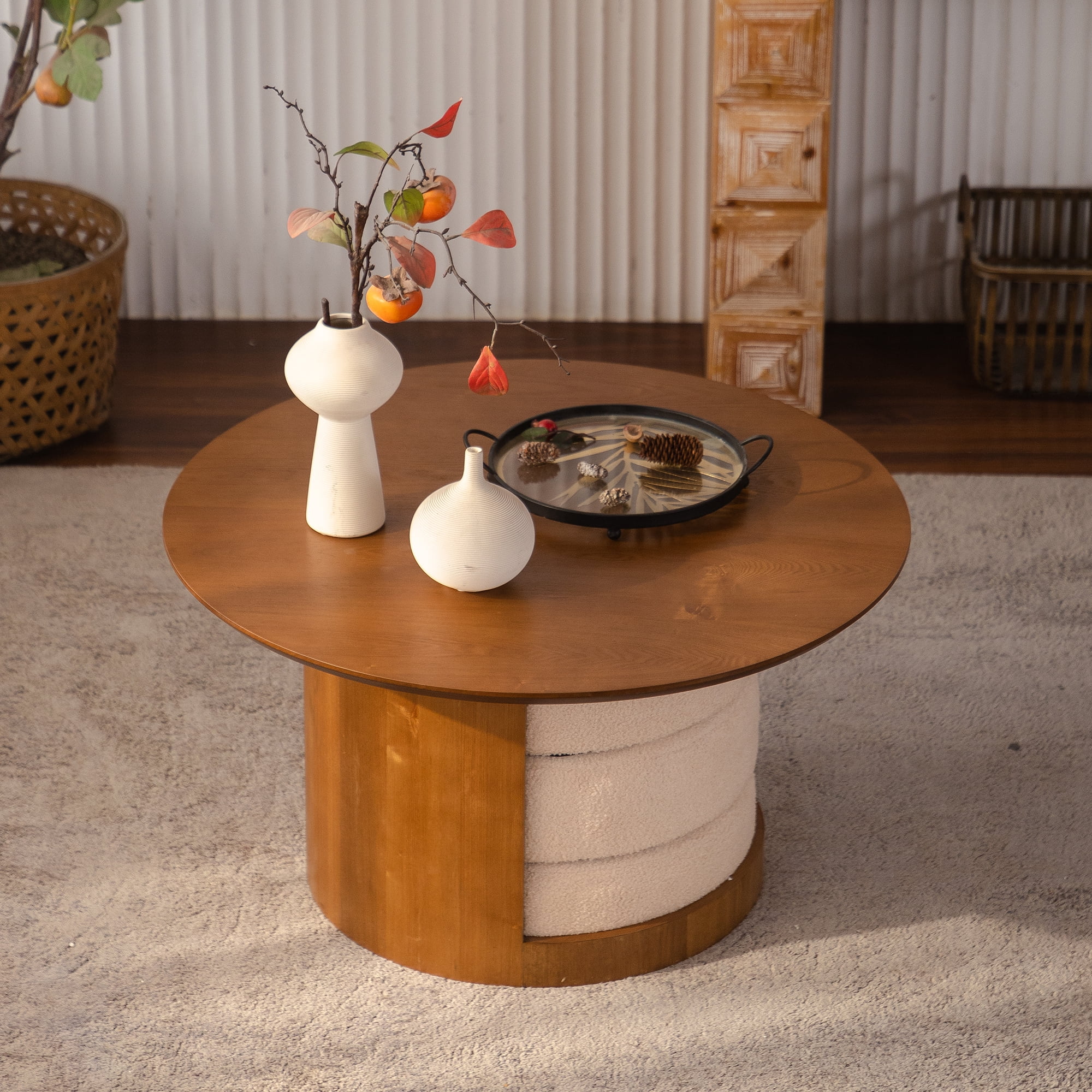 Leumius Round Wood Coffee Table with 3 Teddy Fabric Nesting Stools, Farmhouse Multifunctional Center Table Set with Hidden Storage for Living Room