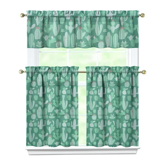 3 PCS Kitchen Curtains Set with Cactus & Succulent Print - Semi-Sheer Farmhouse Window Panels with Valance (54x18   2x27.5x36 Inch)