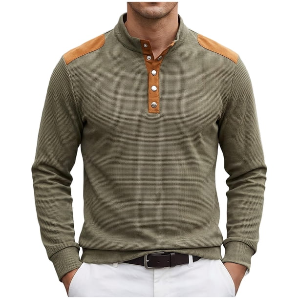 Camisetas de Verano de Manga Larga para Hombres Cuello de Pie Bloque de Color Botón Parchado Blusa Casual, Nylon Suave Spandex
