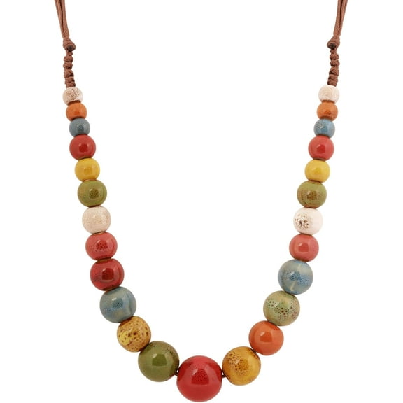 Hippie Boho Colorful Ceramic Round Beads Strand Necklace, Bohemian Fashion Statement Jewelry Gift for Women