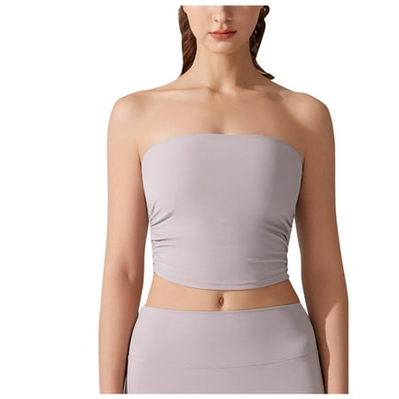 ZyeKqe Tube Tops for Women Built in Bra Strapless Sleeveless Shirts Ruched Hem Summer Going out Crop Top