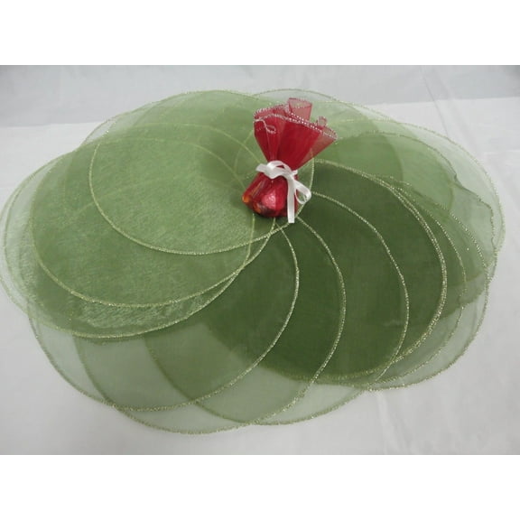 CHARMED 100 PIECES 9" ORGANZA CIRCLE TULLE. OLIVE GREEN WITH GOLD COLOR EDGE.