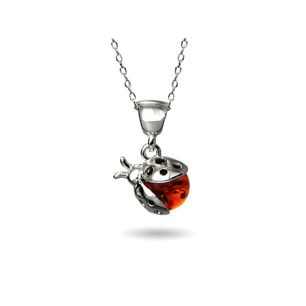 Genuine Baltic Honey Amber Sterling Silver Ladybug Pendant, 14 inches  inches 
