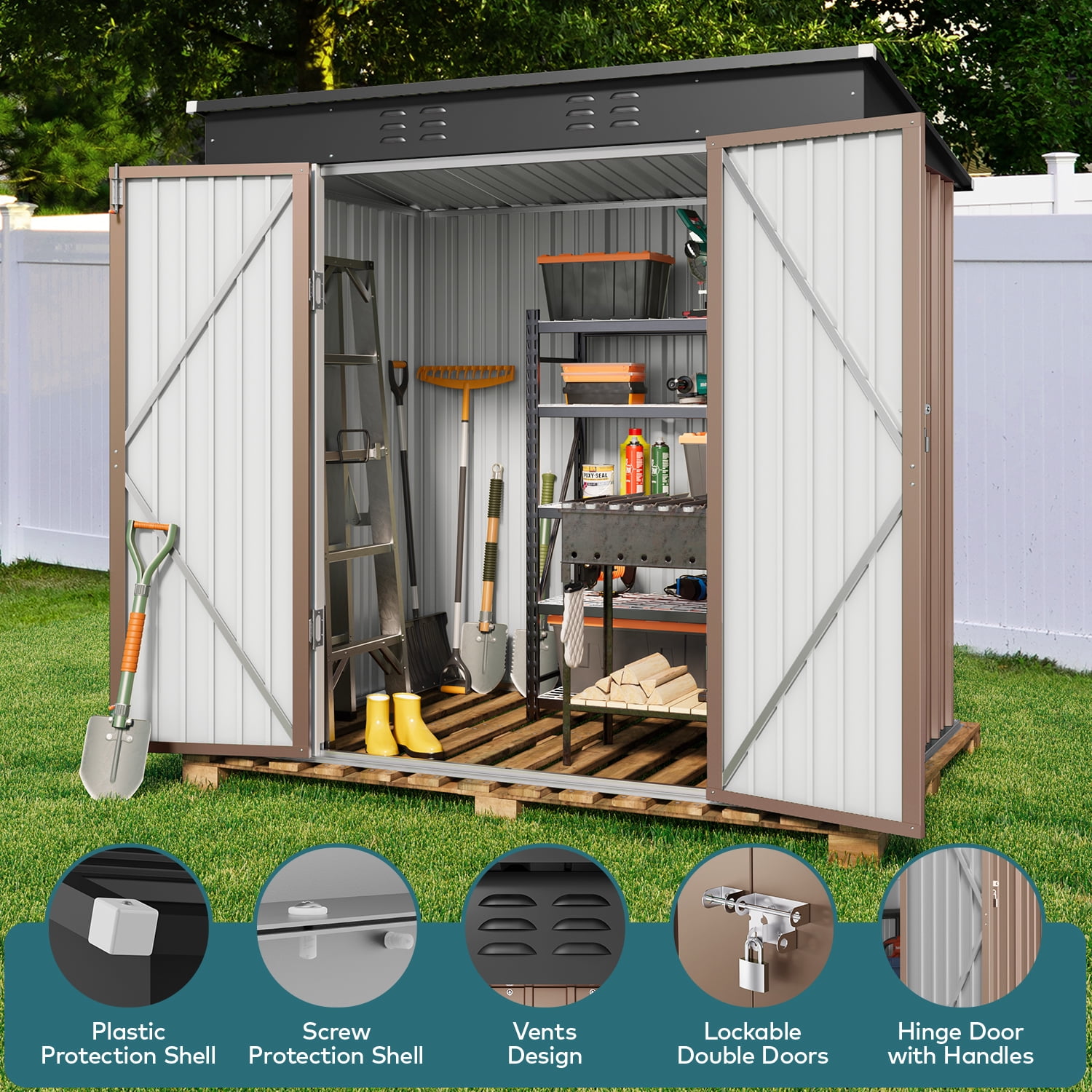 Lofka 6 x 4ft Metal Storage Shed, Garden Shed with Double Lockable Doors, Waterproof Shed & Outdoor Storage Clearance for Backyard Patio Lawn, Brown
