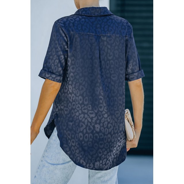 ABPHQTO Blusa De Mujer Satén Manga Corta Jacquard Leopardo Azul