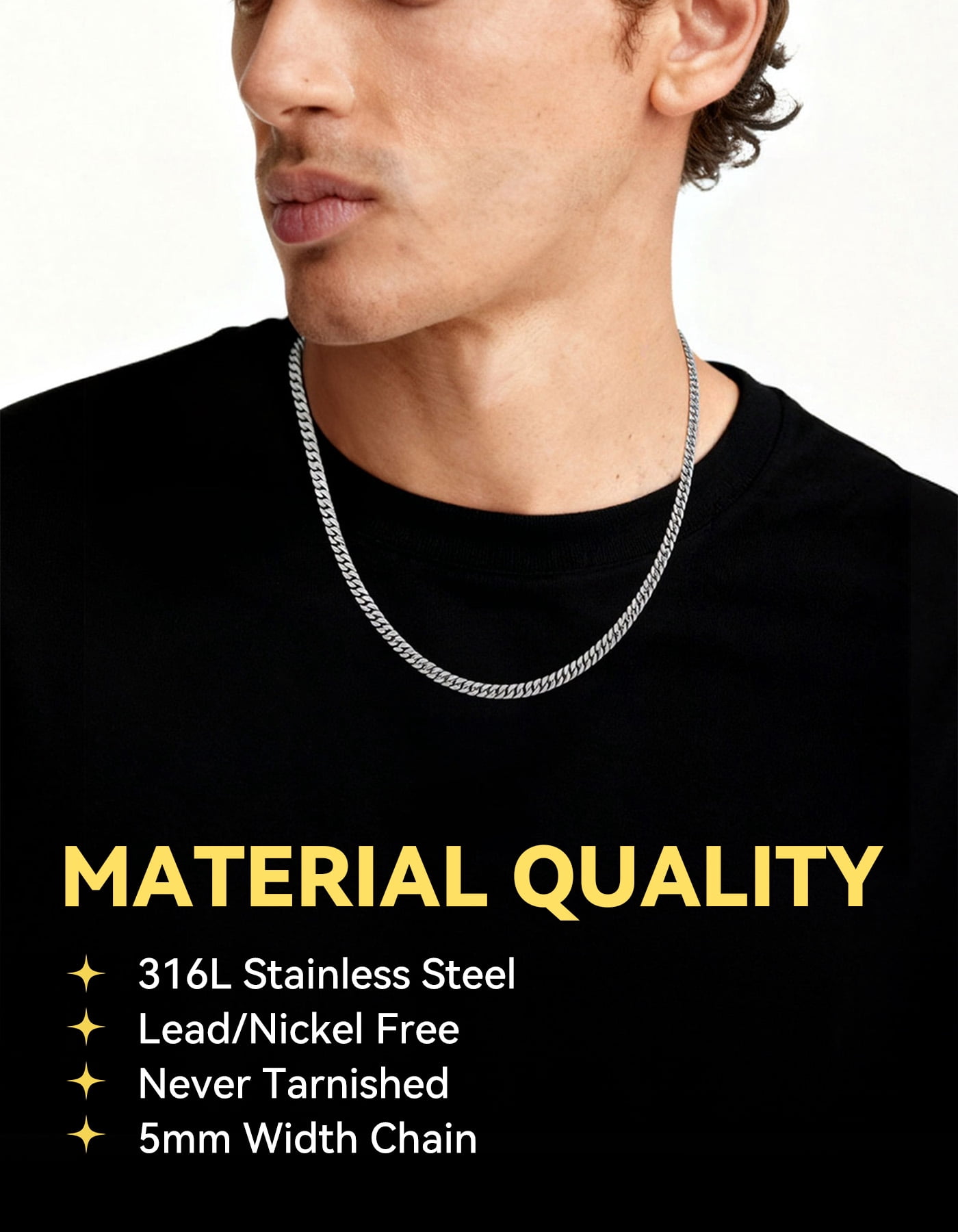 ChainsHouse Mens Silver Necklaces Stainless Steel Miami Cuban Link Chain Necklace for Men 5mm Chains Jewelry Gift for Him Boyfriend Husband Father Son, 22"