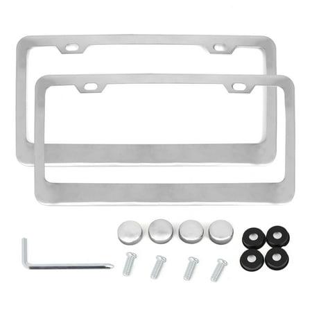 2 Pcs Stainless Steel Car Front Rear 2 Hole License Plate Frame Holder w/ Screw Caps - Silver