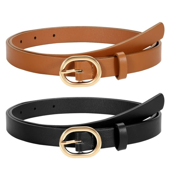 2 Pack Women's Skinny PU Leather Belt with Gold Buckle Ladies Thin Leather Plus Size Waist Belt for Jeans Dress