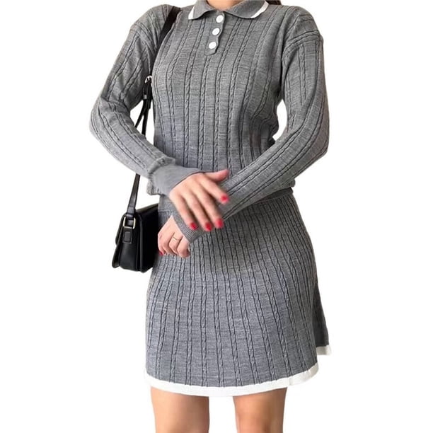 Conjunto de 2 Piezas Vintage con Cuello Tipo , Larga, Falda Corta y Cintura Alta para Mujer Gris M