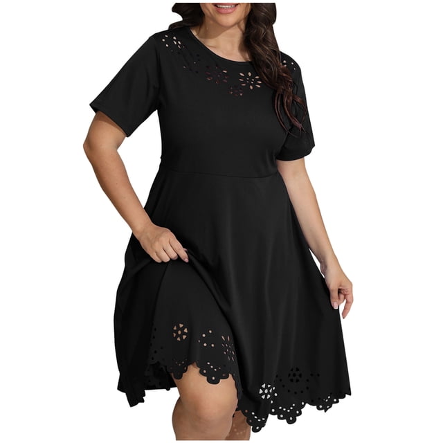 Birdeem Robes pour Femmes Robe Surdimensionnée Ajourée Col Rond Ceinture Manches Courtes Grande Jupe Couleur Unie