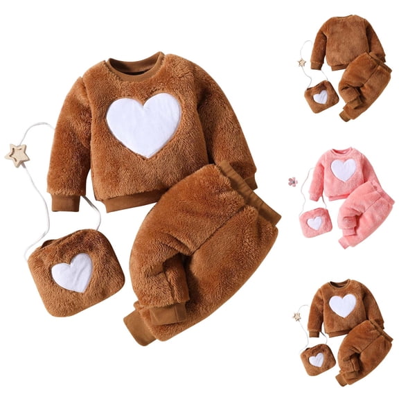 Zwiiyzr 6M-3Y Boys and Girls Three Piece Outfits Furry Swaetshirt and Pants with Bag Kids Thick Winter Warm Fleece Clothes Outerwear Brown