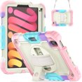 thumbnail image 2 of Case for iPad Mini 7 A17 Pro 2024/Mini 6 2021 8.3 Inch 7th/6th Gen with Screen Protector, 360 Degree Rotating Kickstand Hand Strap Shockproof Cover with Shoulder Strap, Rainbow Pink, 2 of 7