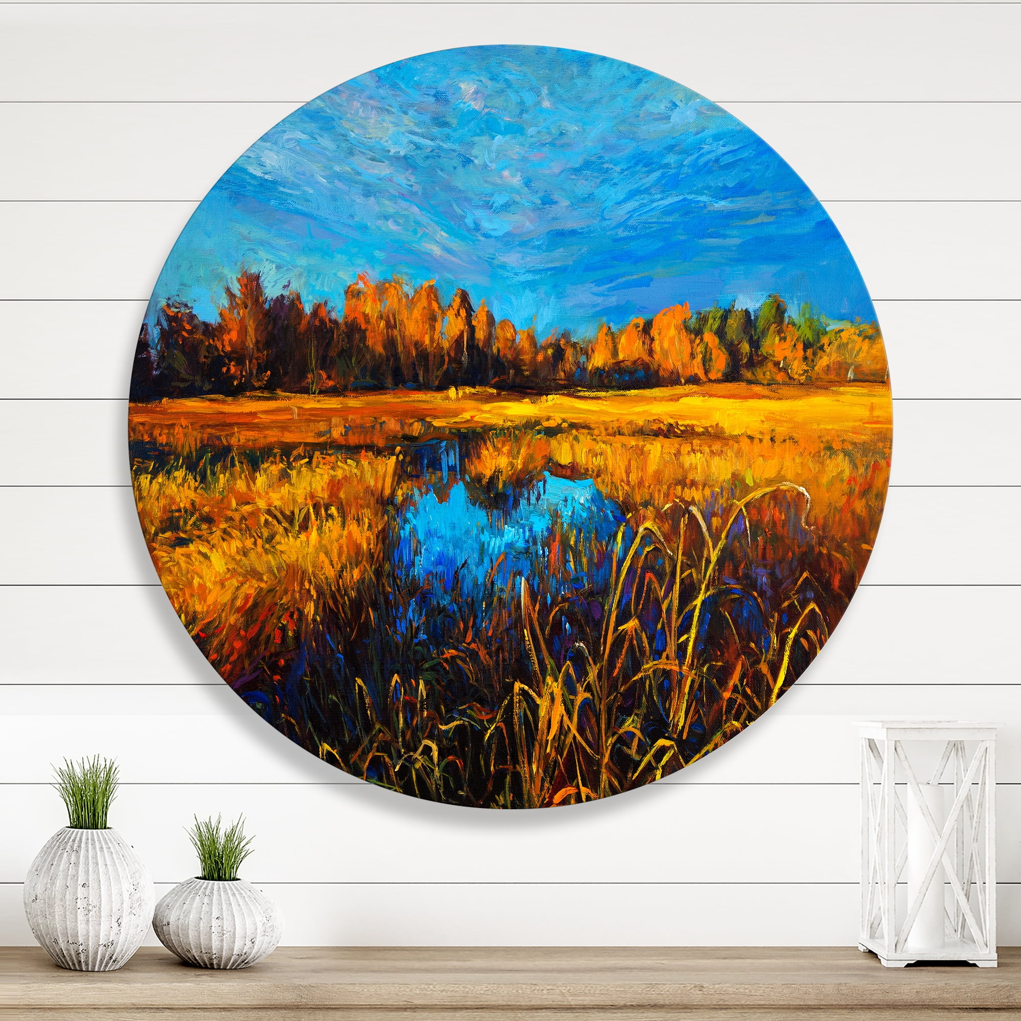 Designart 'A Light Blue Sky Over Orange Meadows' Traditional Circle Metal Wall Art 11x11 - Disc of 11