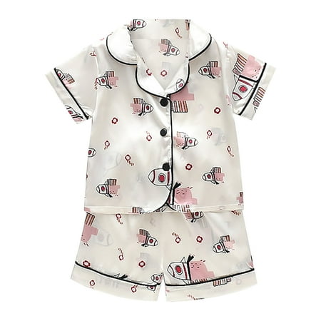 

Pajamas For Toddler Kids Baby Boys Girls Satin Cartoon Button Down Short Sleeve Shirt Tops + Shorts Pants Silk Sleepwear Outfits Loungewear Set 4T Girls Top Fuzzy For Girls