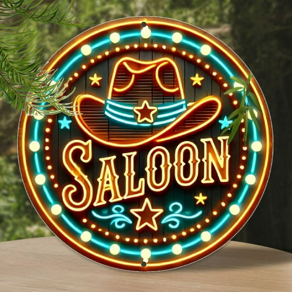 1pc Vintage Saloon Neon Sign, Round Cowboy Hat Aluminum Wall Art, Rustic Starry Metal Decor, Waterproof, Weather-Resistant, with Pre-Drilled Sign for Home, Garage, Cafe, Indoor/Outdoor