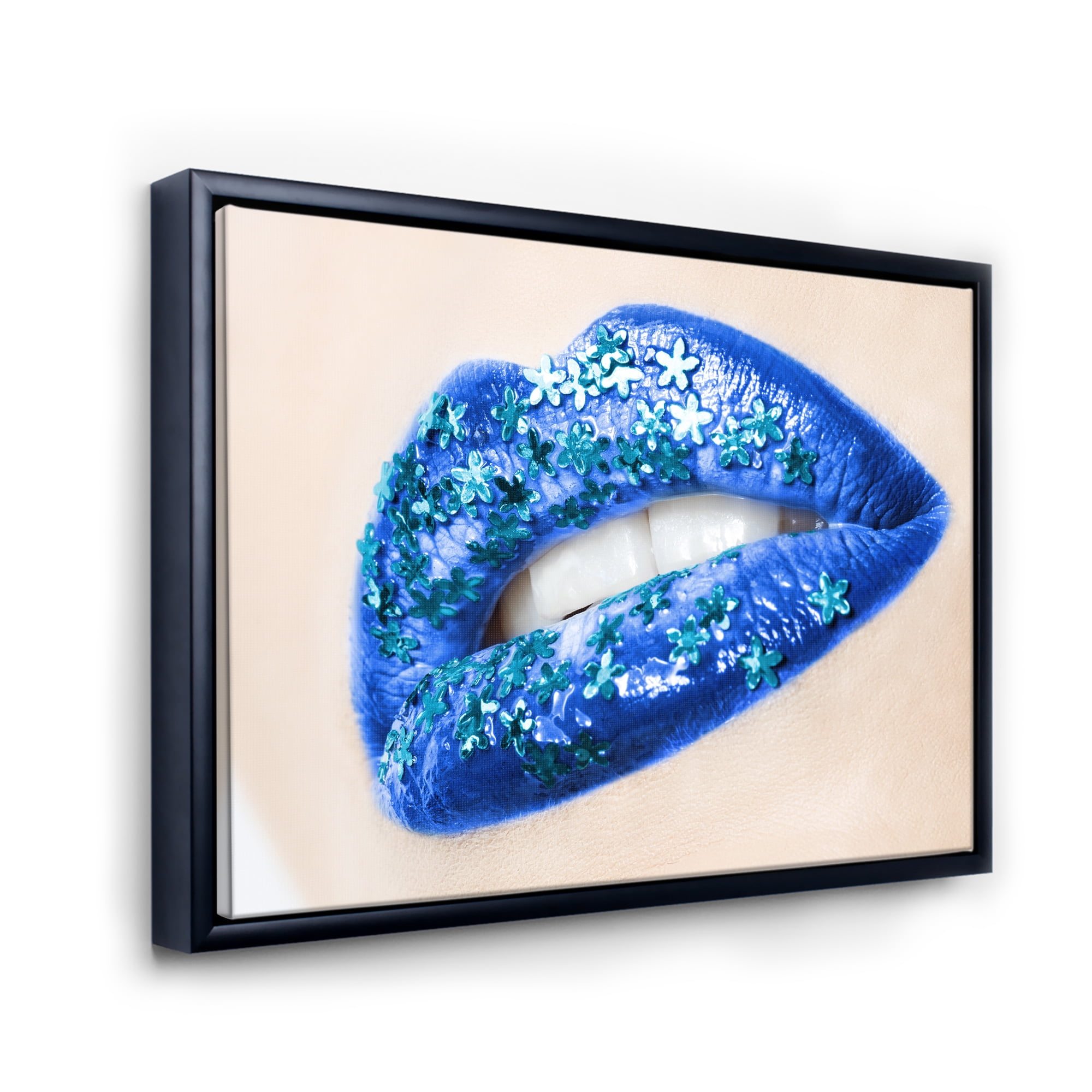 Designart 'Beautiful Woman Lips Blue With Flowers' Modern Framed Canvas Wall Art Print