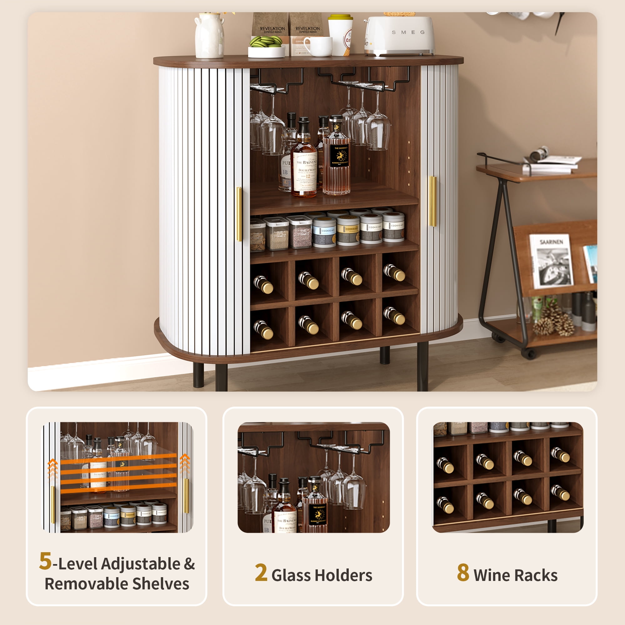 Mintazer 28" Modern Wine Bar Cabinet with Fluted Doors & Drawer, Storage Cabinet with 6 Wine Racks and 3 Glass Holders for Kitchen Living Room, White