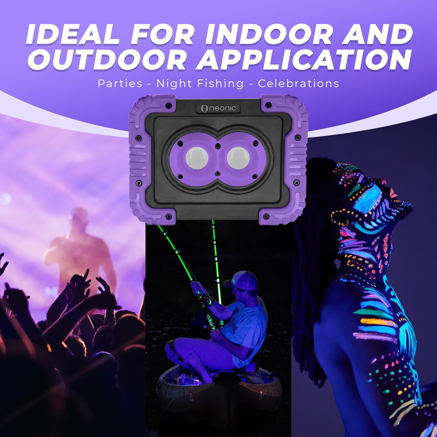 Rechargeable UV LED Black Light, Battery Operated Powered Blacklight, Cordless 395nm Ultraviolet Flood Light, Neon Glow Party, Blacklight Catfishing